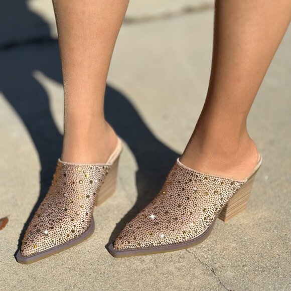 Elegant Tan Mules with Rhinestone Detailing - Picture 1 of 6